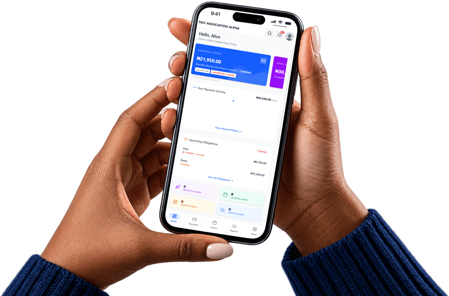 Zenith AMS mobile app — member dashboard and payments