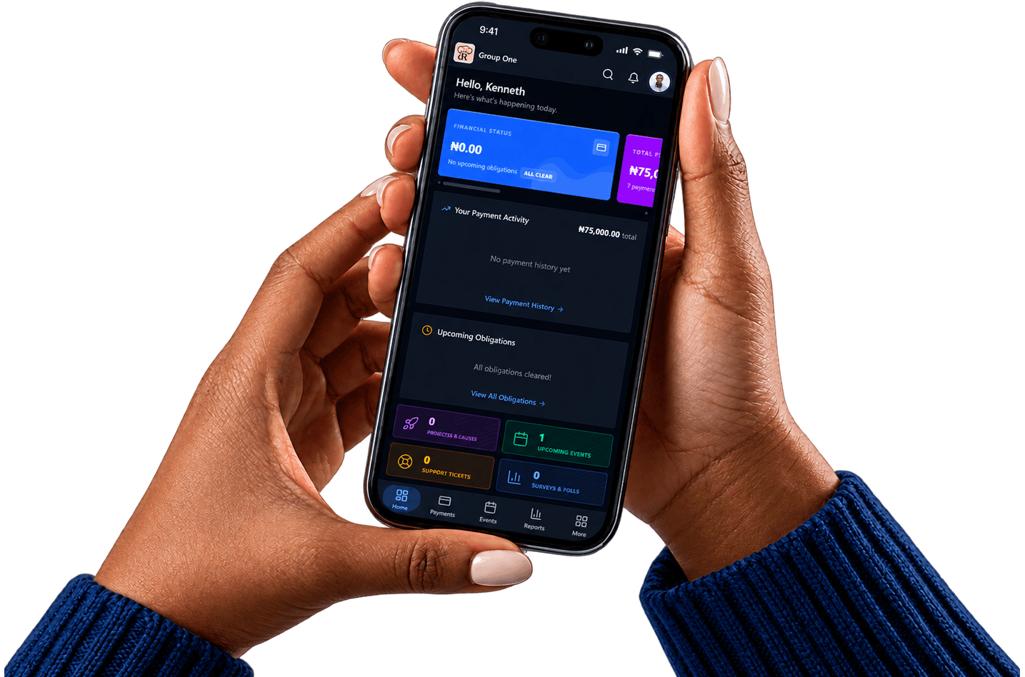 Zenith AMS mobile app — member dashboard and payments